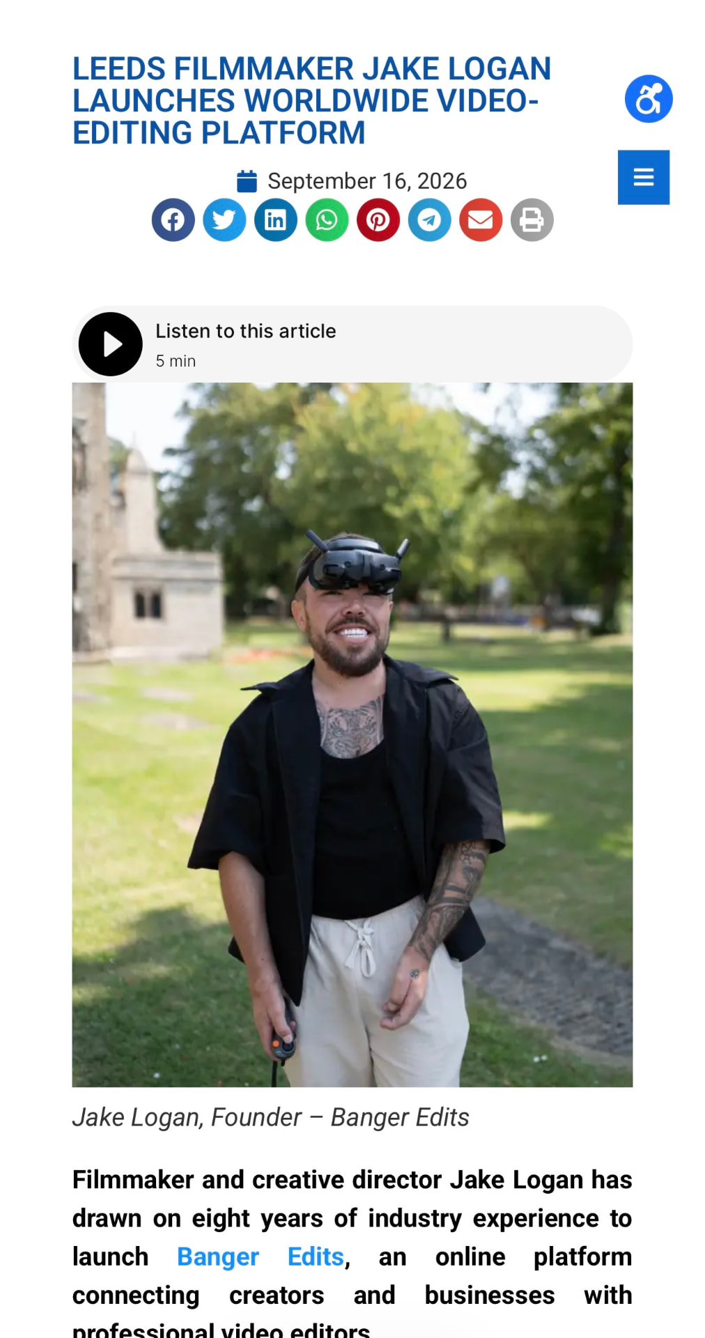 Leeds Living article announcing Jake Logan's launch of Banger Edits