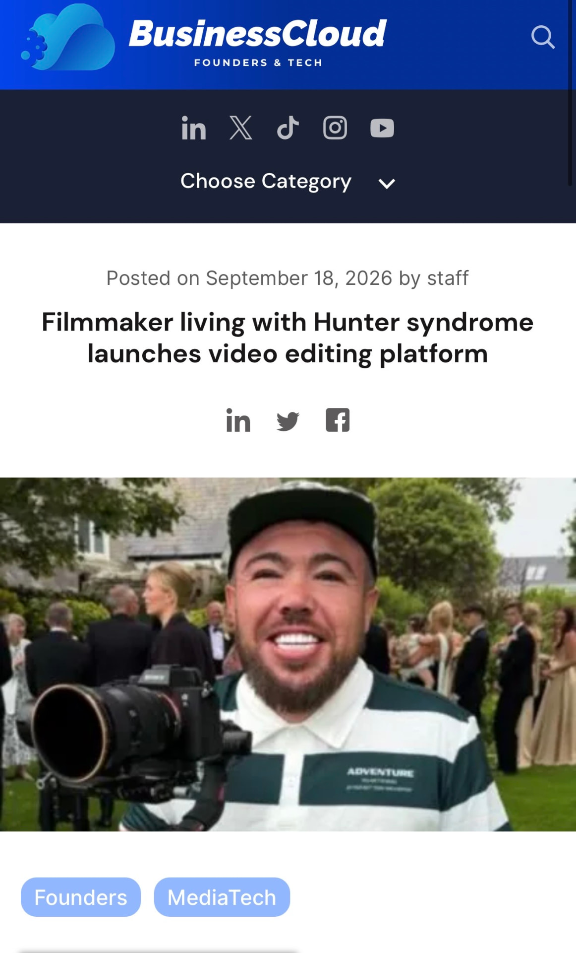 BusinessCloud article about Jake Logan launching Banger Edits