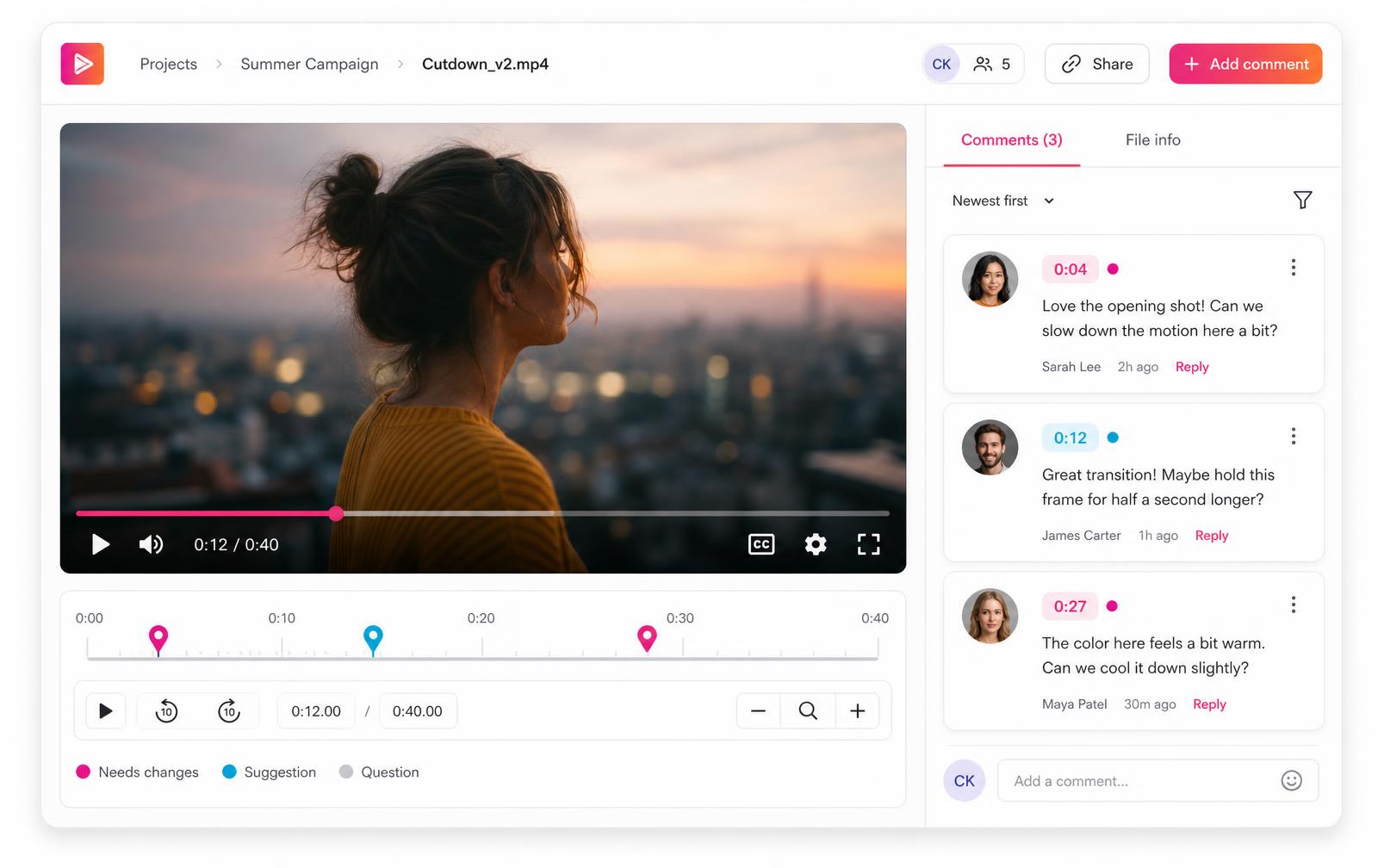 Banger Edits review panel: video player with a timeline of comment markers and timestamped feedback from the client
