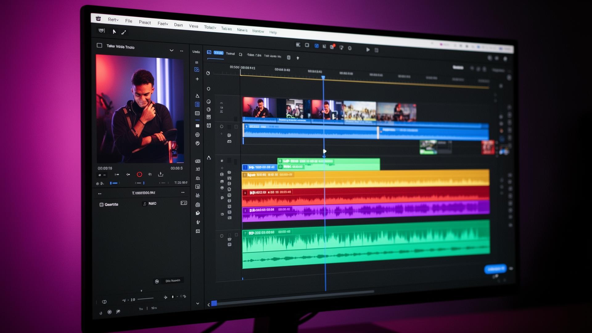 Video editing timeline with multiple tracks and a reel preview